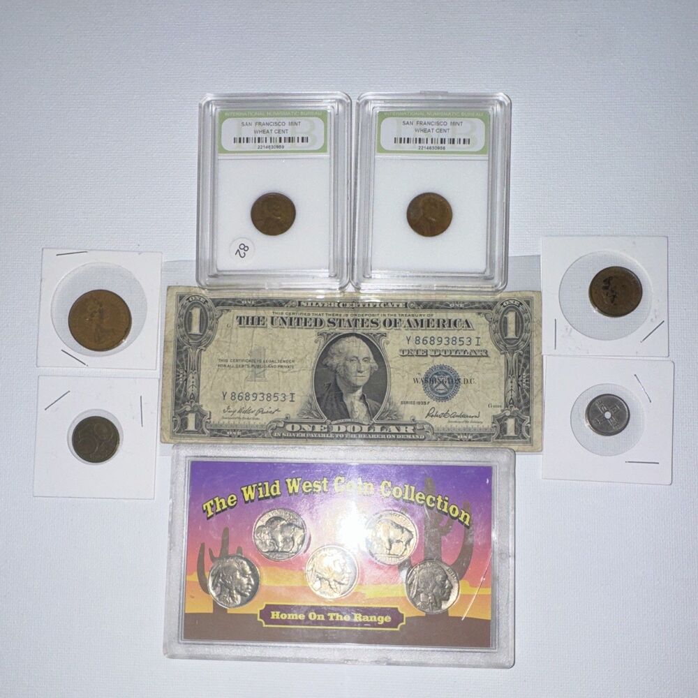 Coin & Currency Lot 1935F $1 Silver Certificate, Buffalo Nickels, 45/54 wheat